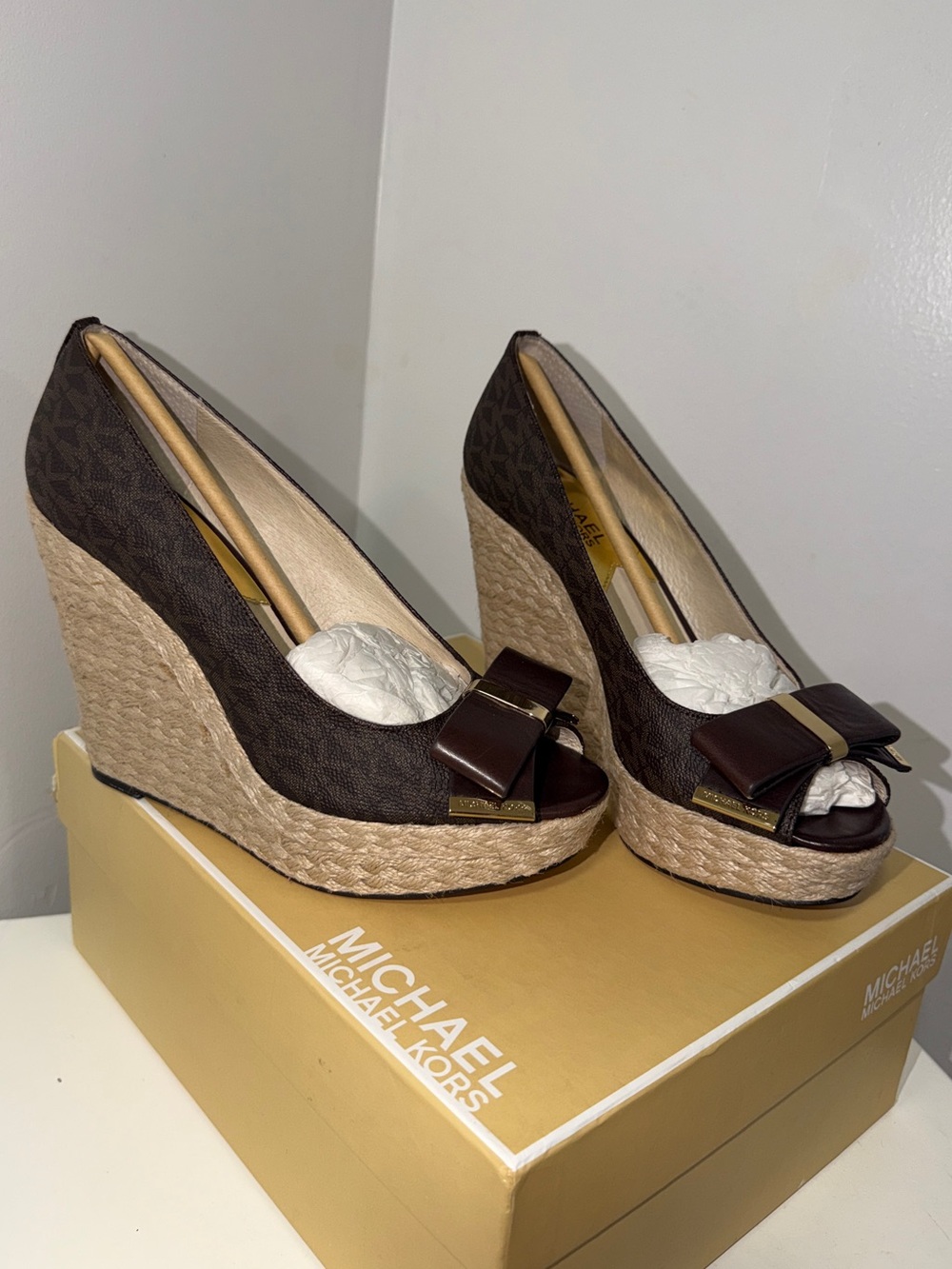 Michael Kors Brown Logo Espadrille Wedge Peep-Toe with Bow